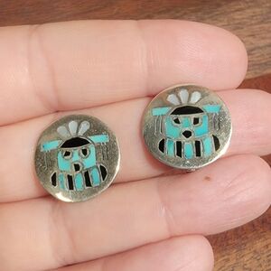 Vintage Zuni Kachina Inlaid Sterling Clip-on Earrings Signed AUZZ